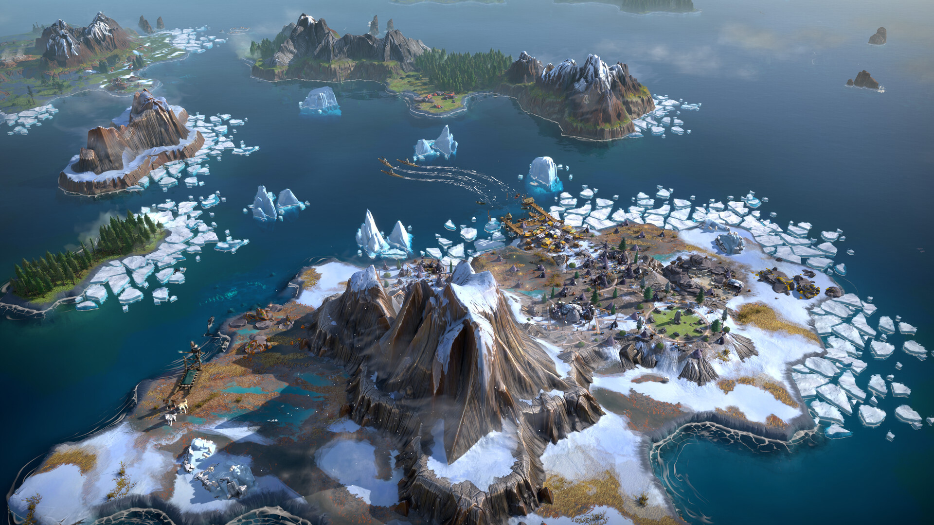 Official Steam screenshot of a snowy coastal settlement with mountains, sea ice, and a wooden bridge.
