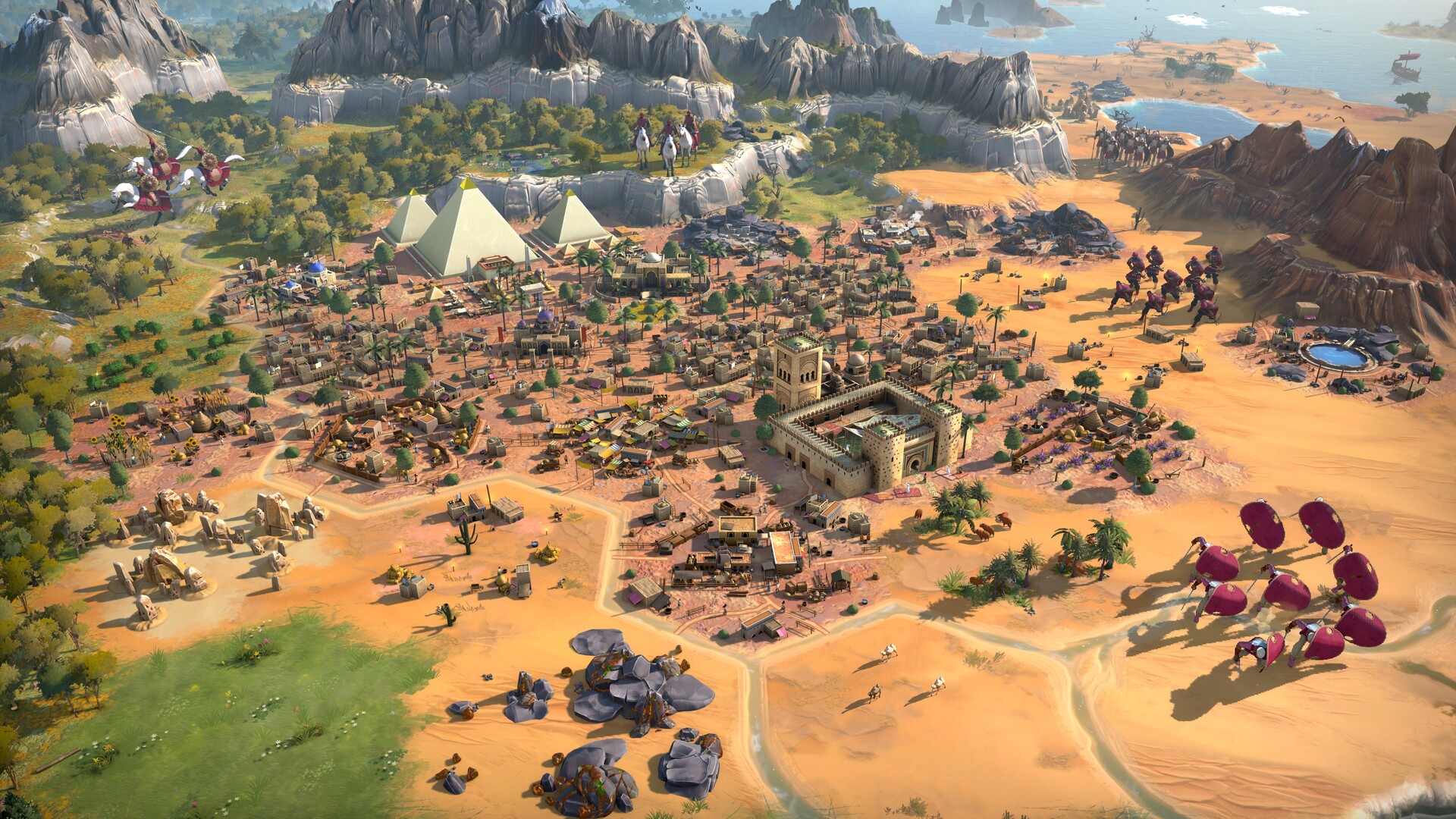 Official Steam screenshot of a desert city with pyramids, a walled gatehouse, palm trees, and groups of soldiers and animals.