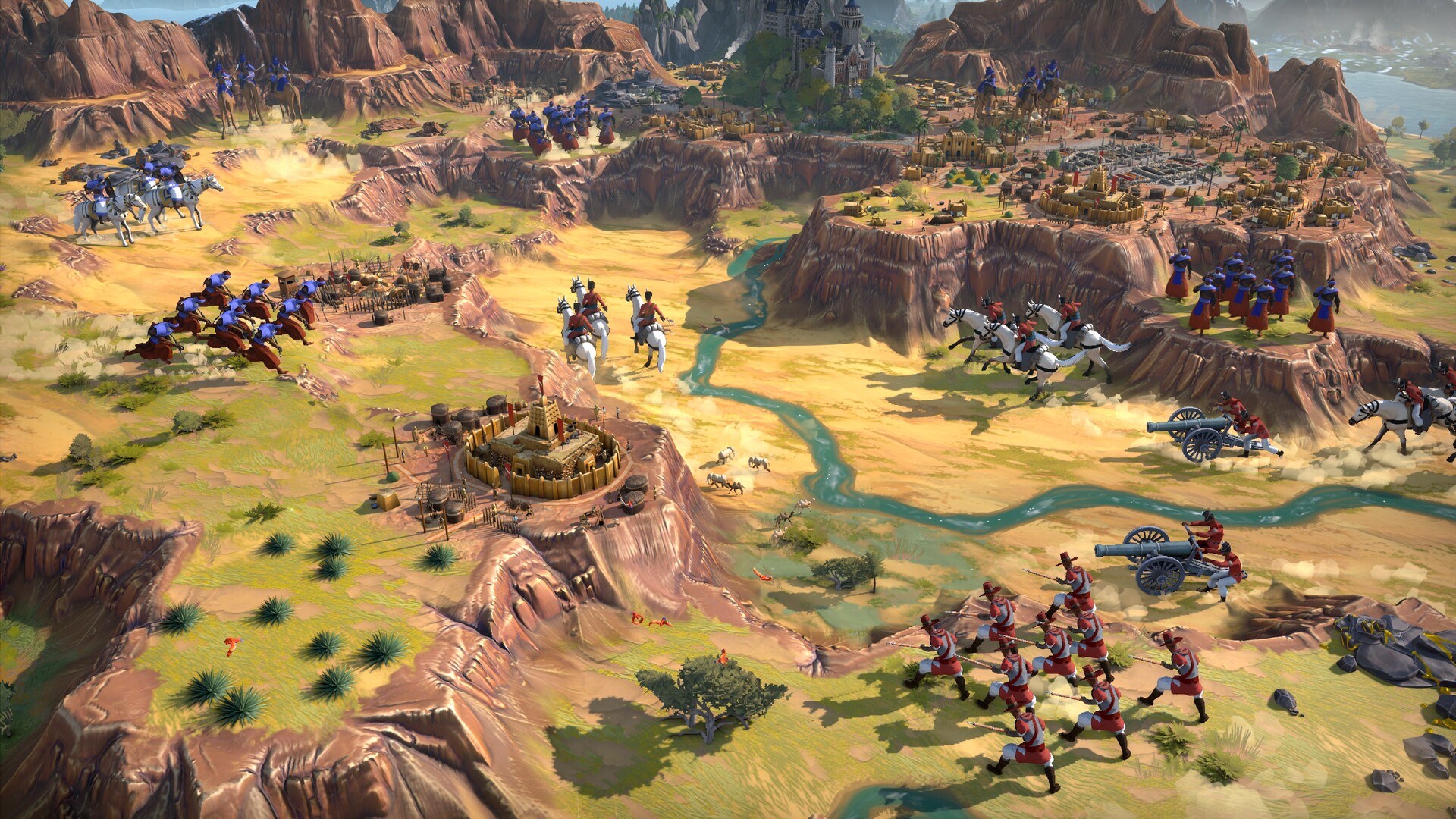 Official Steam screenshot of armies in a canyon, with cavalry, infantry, cannons, and a walled outpost beside a river.
